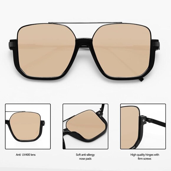 Retro Oversized Aviator Sunglasses for Women Men Square Semi-Rimless Sun Glasses - Picture 5 of 9
